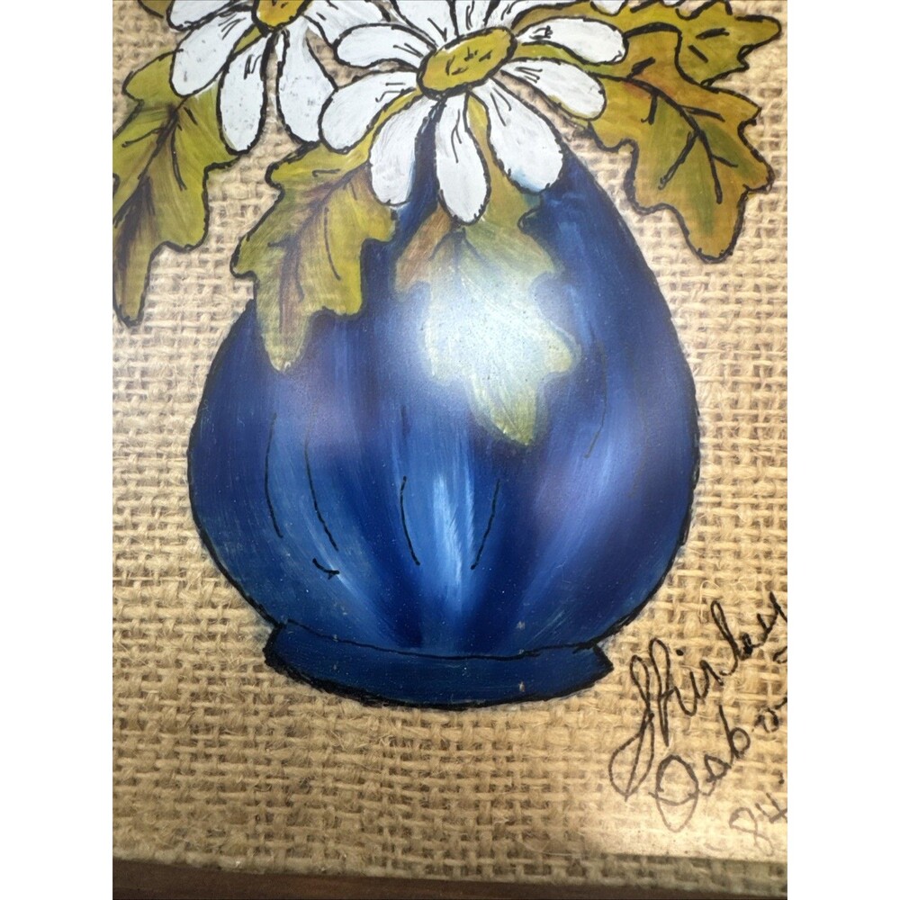 Vintage Rattan Wicker Background Reverse Hand Painted Daisies’s Blue Vase 15 In - Picture 6 of 8